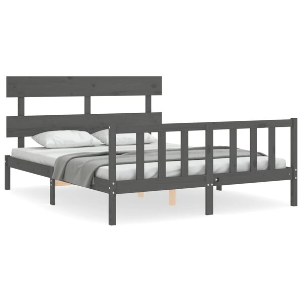 vidaXL Cadre de lit avec tête de lit gris King Size bois massif