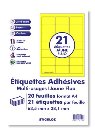 20 planches a4 - 21 étiquettes 63,5 mm x 38,1 mm autocollantes fluo jaune par planche pour tous types imprimantes - jet d'encre/laser/photocopieuse