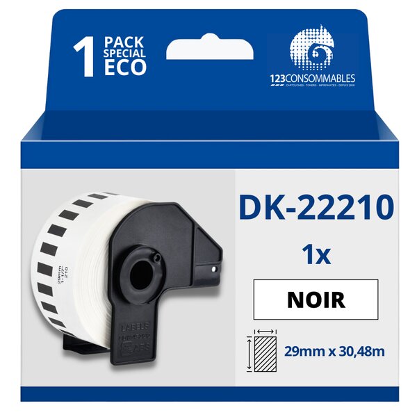 Étiquettes compatibles Brother DK22210 - Largeur 29 mm x 30 48 mètres - Texte noir sur fond blanc