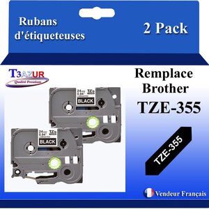 2x Rubans d'étiqueteuses compatibles avec Brother Tze355  Tze-355 pour étiqueteuses P-touch - Texte blanc sur fond noir - Largeur 24 mm x 8 mètres - T3AZUR