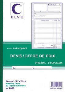 Manifold Autocopiant Devis / Offre de Prix 297 x 210 mm 50 Feuillets Tripli ELVE