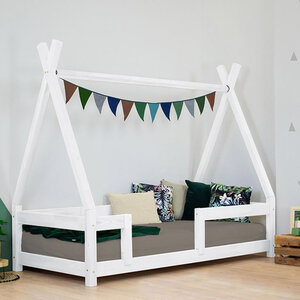 Lit Tipi enfant avec barrière bois massif blanc 90 x 160 cm
