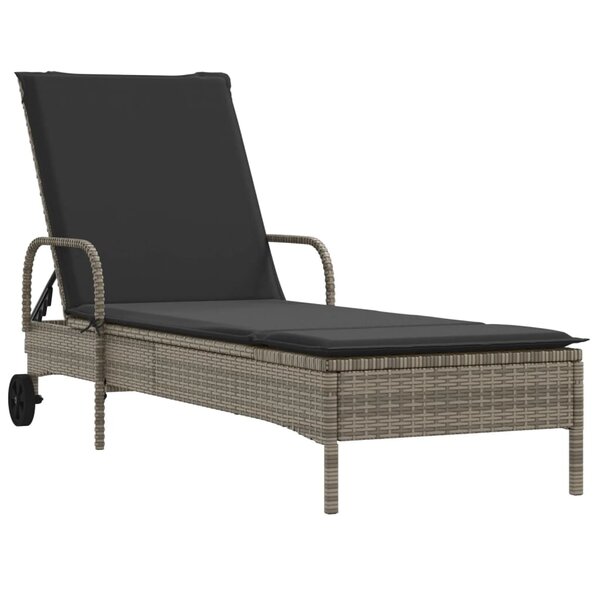 vidaXL Chaise longue avec roues et coussin gris résine tressée