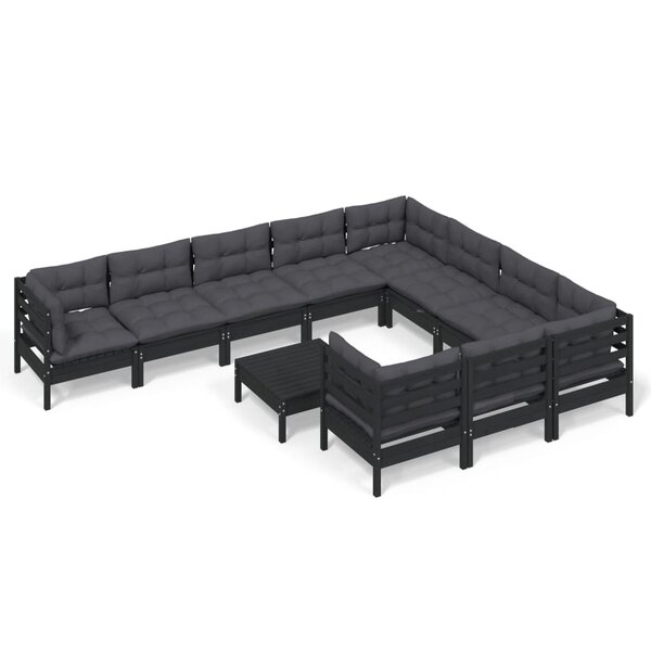 vidaXL Salon de jardin 11 Pièces avec coussins Noir Bois de pin