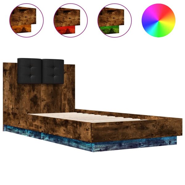 vidaXL Cadre de lit tête de lit et lumières LED chêne fumé 75x190 cm