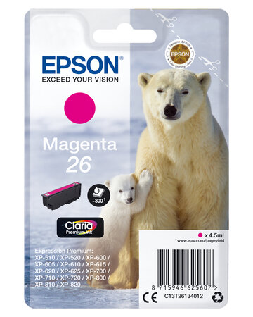 Epson singlepack magenta 26 claria premi 26 cartouche encre magenta capacite standard 4.5ml 300 pages 1-pack rf-am blister
