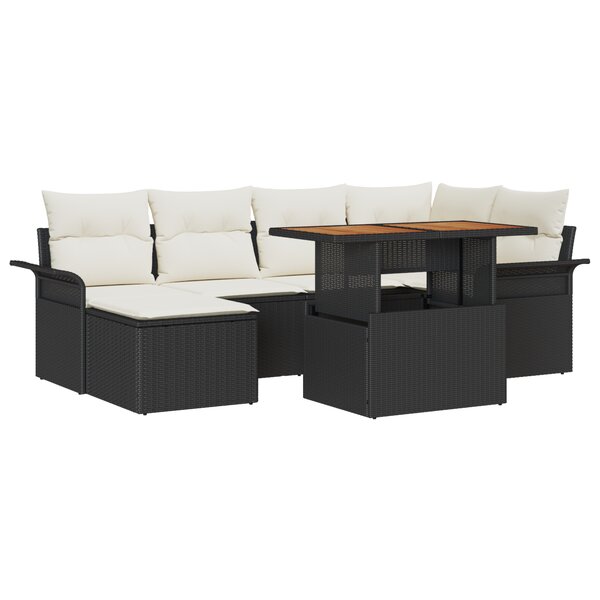 vidaXL Ensemble de jardin 7 pièces avec coussins en poly rattan noir et acacia.