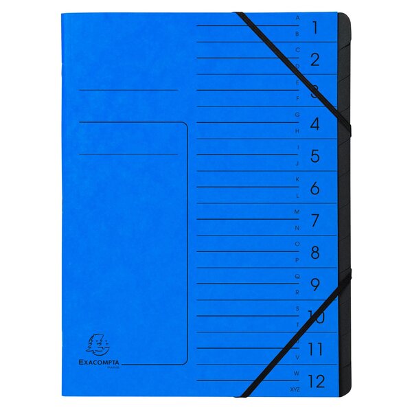 Trieur Agrafé Avec Élastiques Intérieur Noir 12 Compartiments - A4 - Bleu - Exacompta