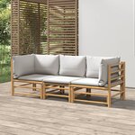 vidaXL Salon de jardin 3 Pièces avec coussins gris clair bambou