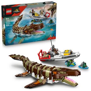 LEGO Jurassic World 76974 — Le bateau en mission et le mosasaure en briques  858 pièces  dès 9 ans.
