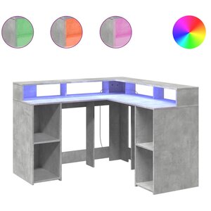 vidaXL Bureau et lumières LED gris béton 130x130x91cm bois ingénierie