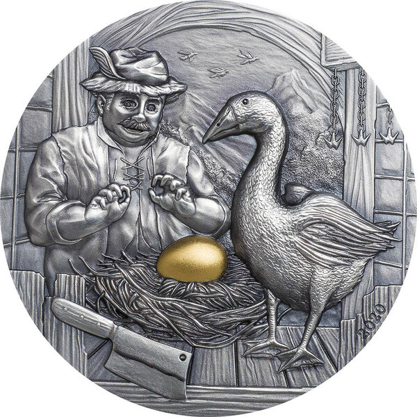 Monnaie GOOSE THAT LAID THE GOLDEN EGG Famous Fables 2 Oz Argent 10$ Palau 2020