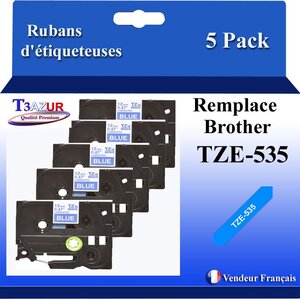 5x  d'étiqueteuses compatibles avec Brother Tze535  Tze-535 pour étiqueteuses P-touch - Texte blanc sur fond bleu - T3AZUR