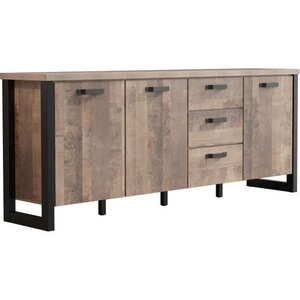 Buffet EMILE - Mélamine chêne brun tabac et noir mat - 3 Portes + 3 Tiroirs - 214 x 45 x 86 cm