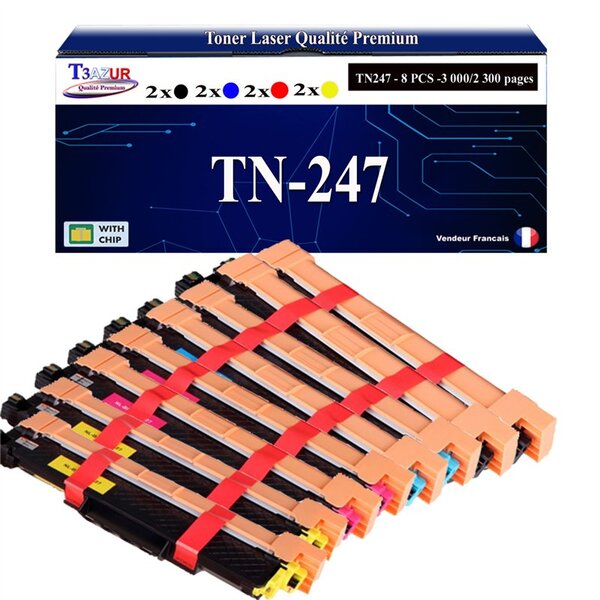T3AZUR - 8 Toners compatibles avec TN247 pour Brother MFC-L3750CDW MFC-L3770CDW HL-L3210CW HL-L3230CDW MFC-L3710CW MFC-L3730CDN