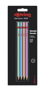 rOtring Set de 4 Crayons en bois Métalliques HB : Vert Bleu Orange et Rose
