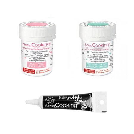 2 colorants alimentaires vert d'eau-rose poudré + Stylo glaçage noir