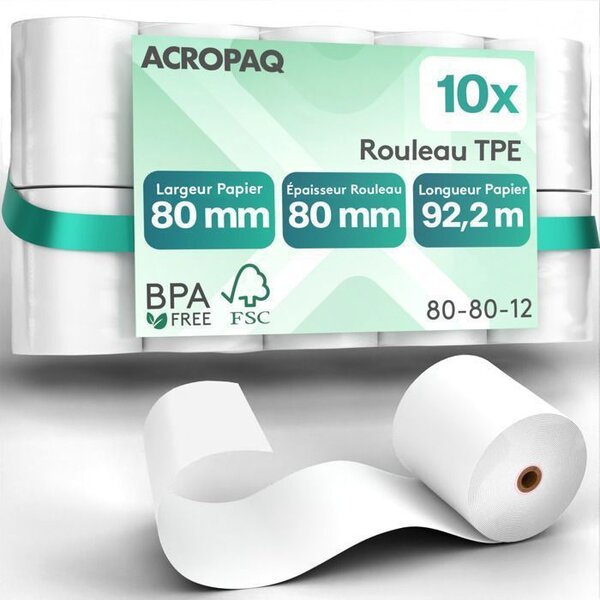 ACROPAQ 10 Rouleaux de Caisse 80x80x12mm- Thermique 92 2 m-Terminaux de paiement- 10 Bobines TPE- Sans BPA- Dimension Universelle
