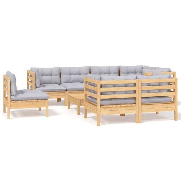 vidaXL Salon de jardin 9 Pièces avec coussins gris bois de pin massif