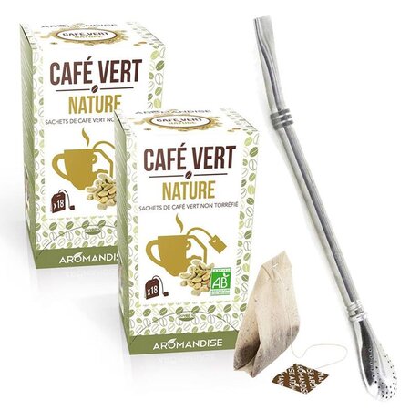 Café vert nature 36 sachets + paille inox avec filtre