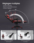 Fauteuil gamer chaise gaming siège de bureau réglable avec repose-pieds télescopique ergonomique mécanisme basculent appui-tête support lombaire charge 150 kg noir et rouge 12_0005909