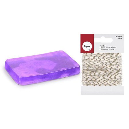 Savon à mouler 100 g violet + Ficelle dorée & blanche 15 m