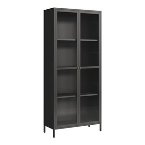 Armoire étagère meuble de rangement 180 x 80 x 35 cm vitrée acier verre noir 03_0008936