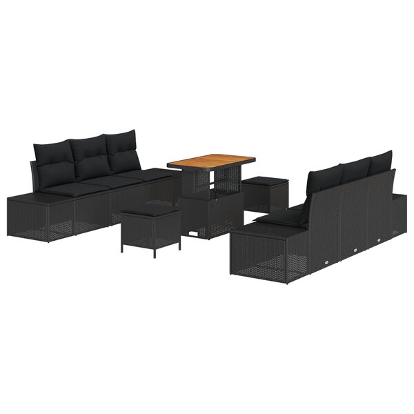 Canapé de jardin 9 pièces avec coussins Noir Poly Rattan Acacia