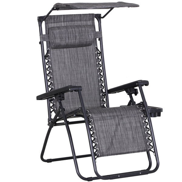 Chaise longue pliable de jardin zéro gravité pare-soleil et dossier réglable plateau porte gobelet accessoires metal textilène gris chiné