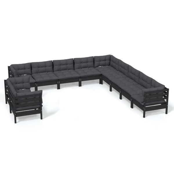 vidaXL Salon de jardin 11 Pièces avec coussins Noir Bois de pin solide