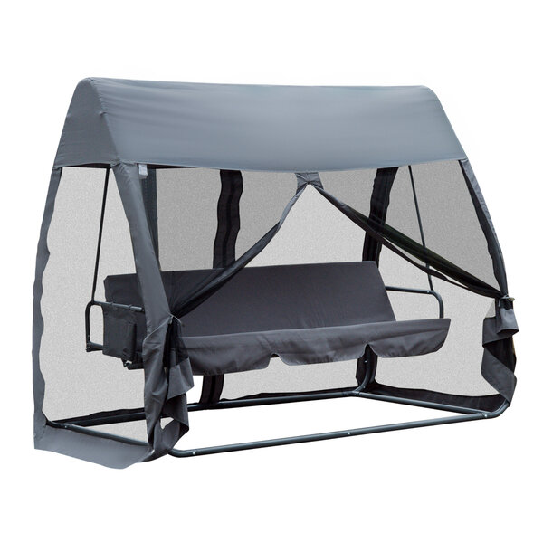 Balancelle de jardin convertible 3 places grand confort : matelas assise dossier  moustiquaire intégrale zippée avec toit   pochette rangement métal époxy polyester gris