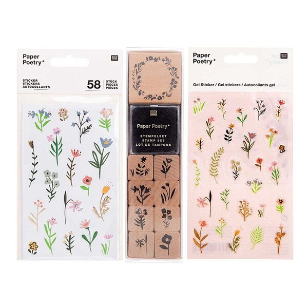 2 planches de stickers gel + 9 tampons bois avec encreur Fleurs