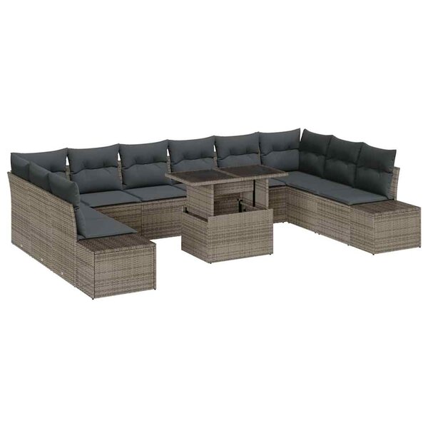 vidaXL Set de canapés de jardin 11 pièces avec des coussins gris en poly rotin