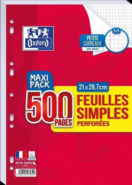 Feuillets simples format A4 Quadrillé 5x5 Perforées 90 g 500 pages avec Marge OXFORD