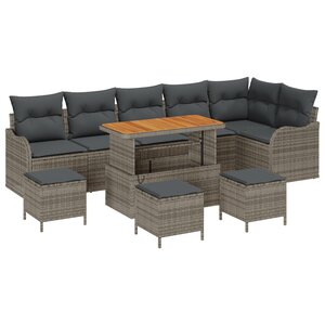 Ensemble de Canapés 10 Pièces avec Coussins Gris Rattan Poly Acacia