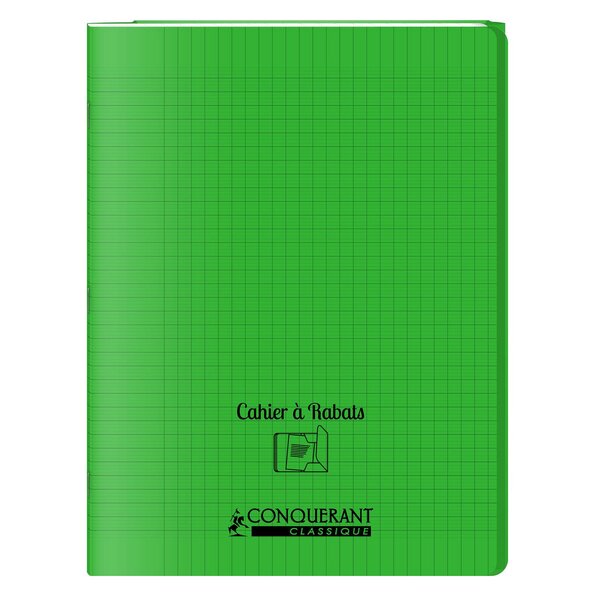 Cahier à rabat agrafé 24x32cm 96P 90G grands carreaux polypro vert CONQUÉRANT