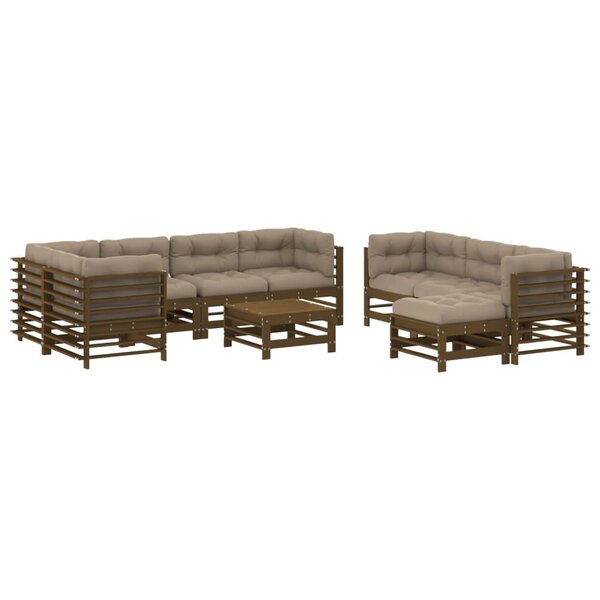 vidaXL Salon de jardin 10 Pièces avec coussins marron miel bois massif