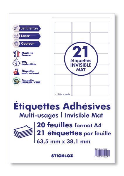 20 planches a4 - 21 étiquettes 63,5 mm x 38,1 mm autocollantes invisibles mat par planche pour tous types imprimantes - jet d'encre/laser/photocopieuse