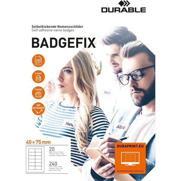 Boite 240 Badges BADGEFIX Imprimables Soie Autocollant 40 x 75 mm 200g Blanc DURABLE