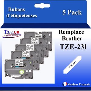 5x  Rubans d'étiqueteuses compatibles avec Brother Tze231  Tze-231 pour étiqueteuses P-touch - Texte noir sur fond blanc - Largeur 12 mm x 8 mètres - T3AZUR