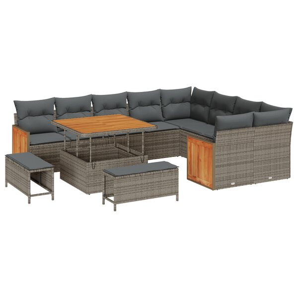 Ensemble de canapés de jardin de 12 pièces avec coussins Gris Poly Rattan Acacia