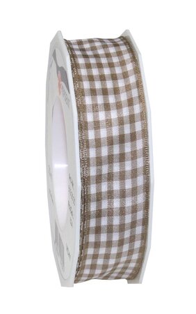 Ruban textile carreau de vichy 20-m-rouleau 25 mm mit draht taupe/blanc