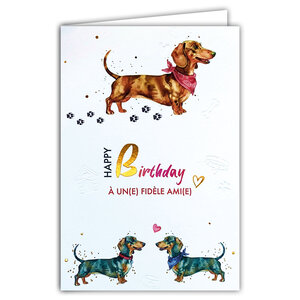 69-3125 Carte Anniversaire Animaux Chiens Saucisses Teckels Amoureux Mignons Bandanas Peinture Aquarelle - Finitions Dorure Or Doré + Gaufrage en Relief +1 Enveloppe Format 12x17cm -Fabriqué en Europe