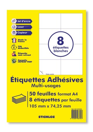 50 planches a4 - 8 étiquettes 105 mm x 74,25 mm autocollantes blanche par planche pour tous types imprimantes - jet d'encre/laser/photocopieuse