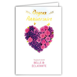 69-3106 Carte Anniversaire pour Fille Femme Belle & éclatante Cœur Bouquet de Fleurs Roses Violettes - Finitions Dorure Or Doré + Gaufrage en Relief +1 Enveloppe Format 12x17cm - Fabriqué en Europe