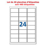 Lot de 20 Planches étiquettes autocollantes pour Timbres sur feuille A4 : 64,6 x 33,8 mm (24 étiquettes par feuille; spéciales Timbre)