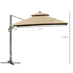 Parasol déporté LED carré double toit inclinable pivotant 360° manivelle piètement acier dim. 3L x 3l x 2 66H m beige