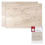 Mappemonde murale en bois 42 x 30 cm + Ficelle dorée & blanche