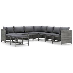 vidaXL Salon de jardin 9 Pièces avec coussins Résine tressée Gris