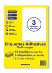 50 planches a4 - 3 étiquettes 210 mm x 99 mm autocollantes blanche par planche pour tous types imprimantes - jet d'encre/laser/photocopieuse